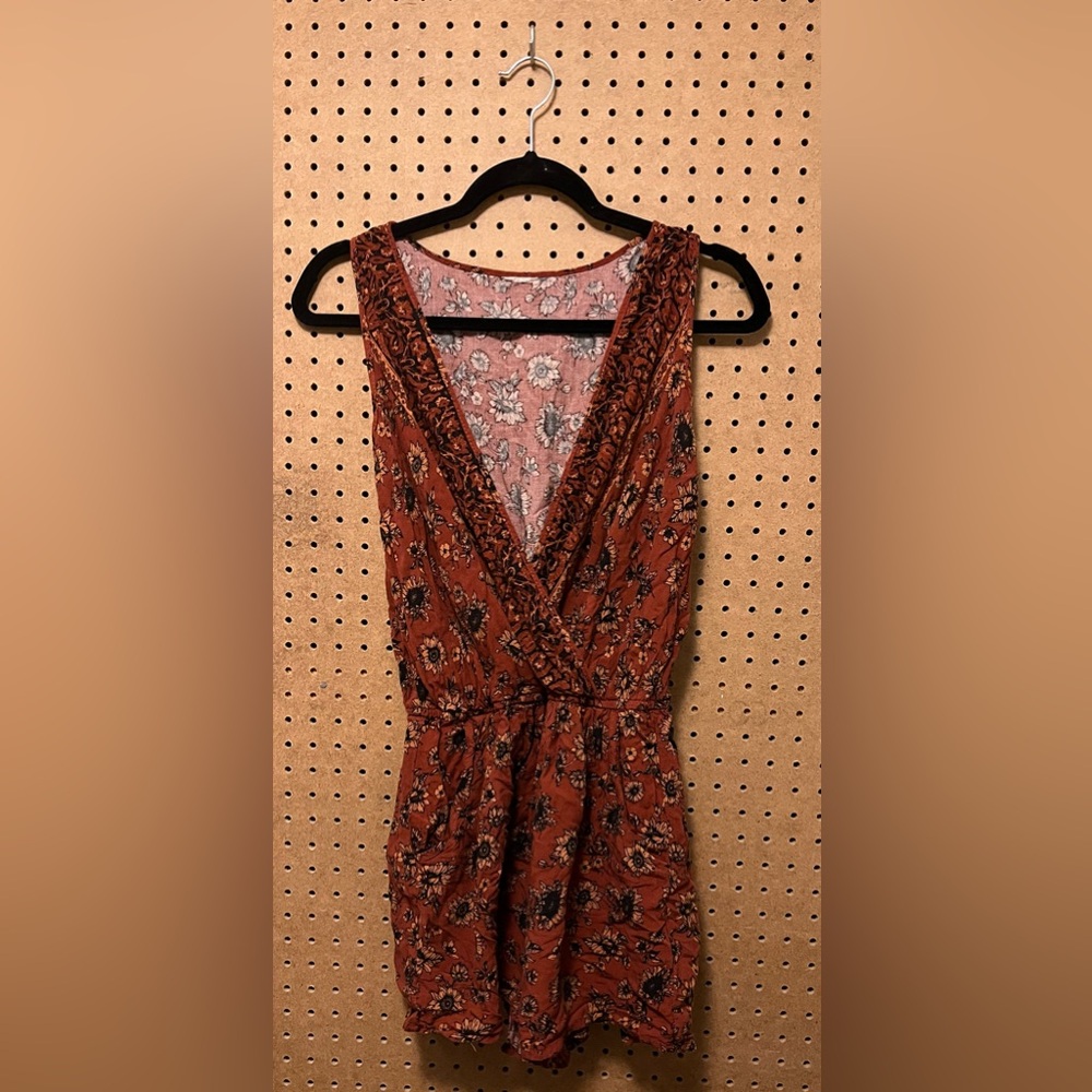 Women’s Sunflower Shorts Romper Orange Small tank top Pockets